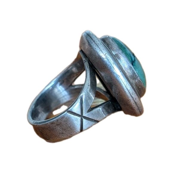 Vintage Navajo Green Turquoise Ring Cabochon Sterling Silver Size 8 Old Pawn - Picture 5 of 8
